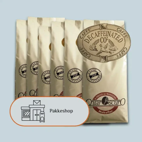 Kaffeklip, 6 kg Chiaroscuro Koffeinfri 100% arabica økologiske espressobønner inkl. 3 x forsendelse til din nærmeste pakkeshop.