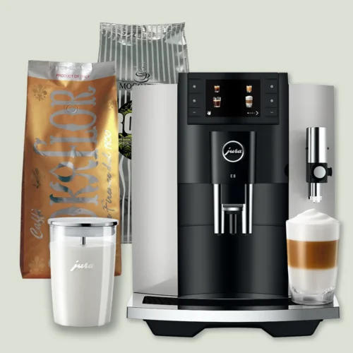 Jura E8 (EC) i farven platin med 2 kg kaffe og original Jura glasmælkebeholder