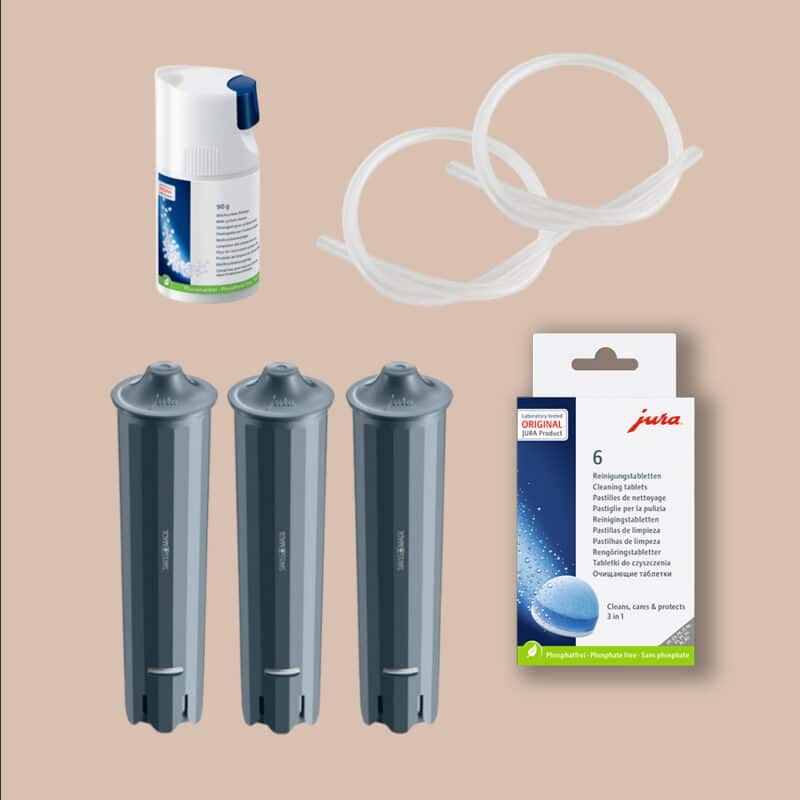 Jura plejepakke med 3 vandfiltre, 3-fase rensetabletter, mælkerensetabletter (90 g) og 2 mælkeslanger