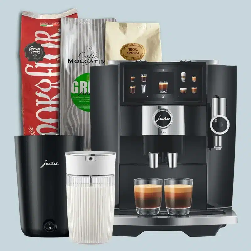 Jura J8 twin Diamond Black med kopvarmer, mælkekaraffel og 3 kilo kaffe
