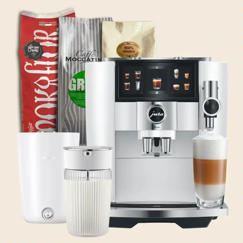 Jura J8 twin Diamond White med kopvarmer, mælkekaraffel og 3 kilo kaffe