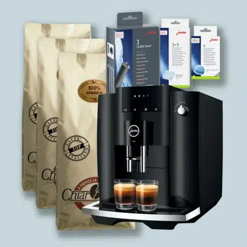 Jura E4 Piano Black med fuld plejepakke og 3 kg gourmetkaffe
