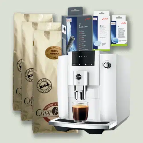 Jura E4 Piano White inkl. fuld plejepakke og 3 kg gourmetkaffe