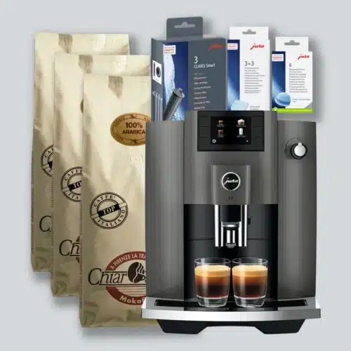 Jura E6 (EC) Dark Inox inkl. fuld plejepakke og 3 kg gourmetkaffe