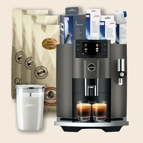 Pakketilbud med Jura E8 (EC) Dark Inox og fuld plejepakke, mælkebeholder i glas og 3 kilo kaffe.
