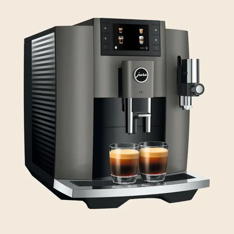 Jura E8 (EC) espressomaskine i farven Dark Inox brygger to espressoer