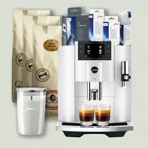 Pakketilbud med Jura E8 (EC) Piano White med gratis fuld plejepakke og 3 kilo gourmetkaffe og glasmælkebeholder.