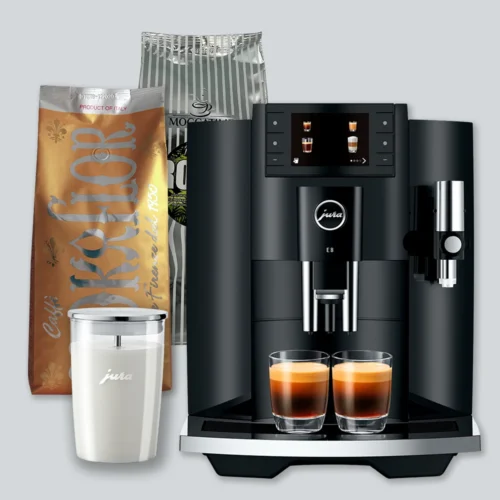 Jura E8 (EC) i farven Piano Black med 2 kg kaffe og original Jura glasmælkebeholder