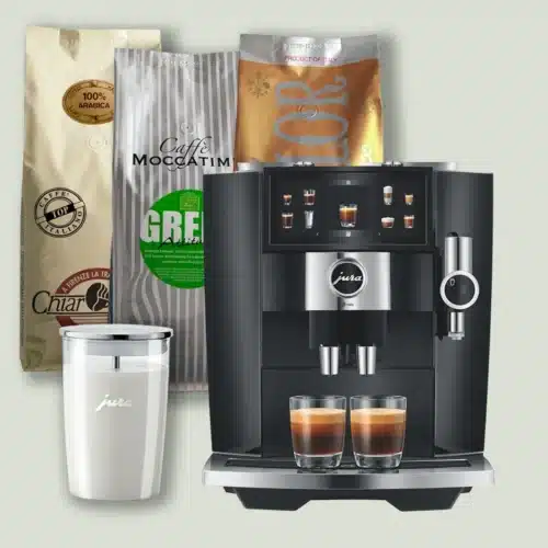 Introtilbud - Jura J8 Twin-espressomaskine i farven Diamond Black med 3 kg kaffe og mælkebeholder