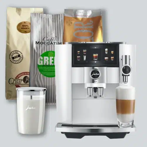 Introtilbud - Jura J8 Twin-espressomaskine i farven Diamond White med 3 kg kaffe og mælkebeholder
