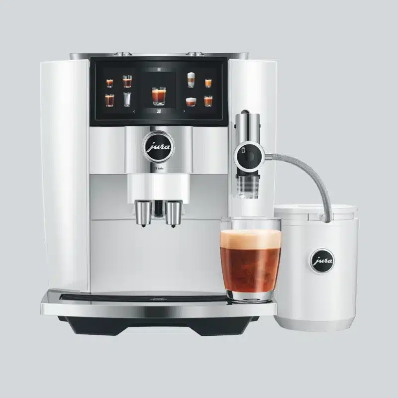 Introtilbud - Jura J8 Twin-espressomaskine i farven Diamond White med 3 kg kaffe og mælkebeholder