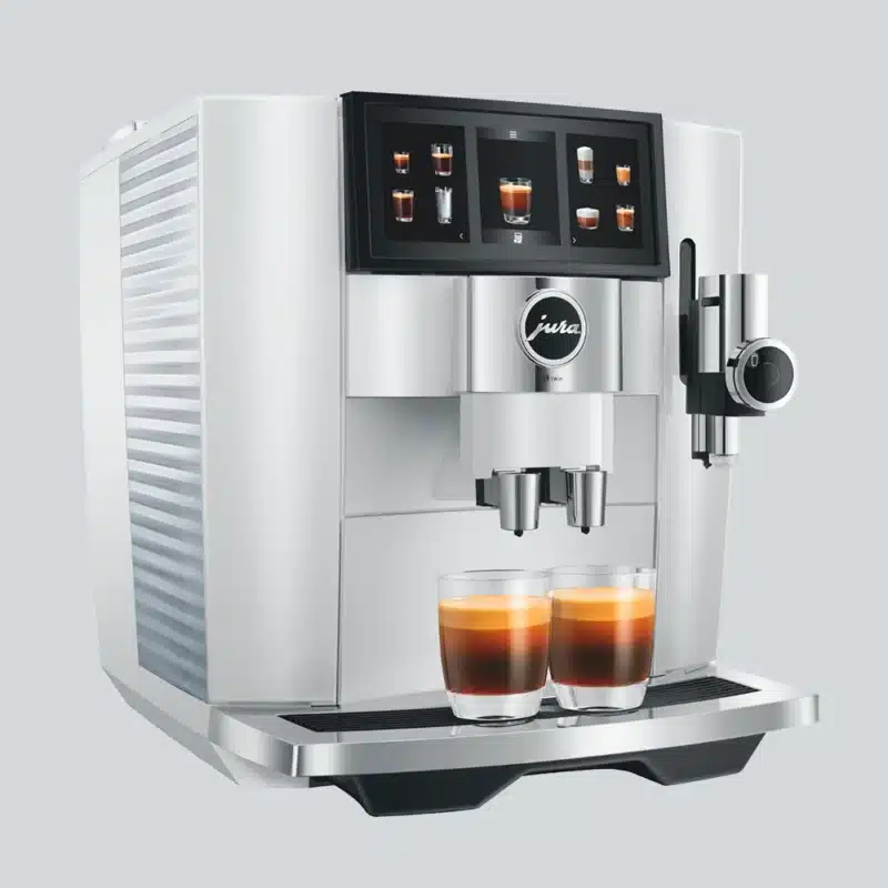 Introtilbud - Jura J8 Twin-espressomaskine i farven Diamond White med 3 kg kaffe og mælkebeholder