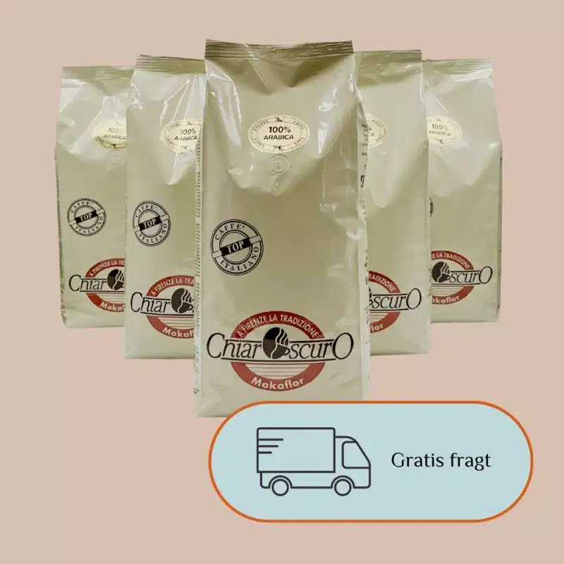 Kaffepakke med 6 kg Mokaflor Chiaroscuro kvalitetskaffebønner.